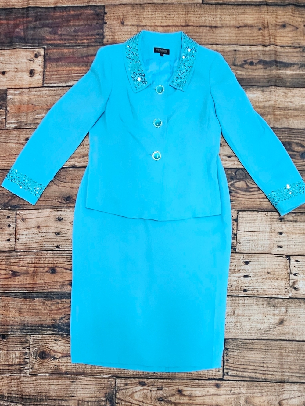 NWT John Meyer Skirt Suit Set Aqua Embellished Sequins Formal Evening Women's 14